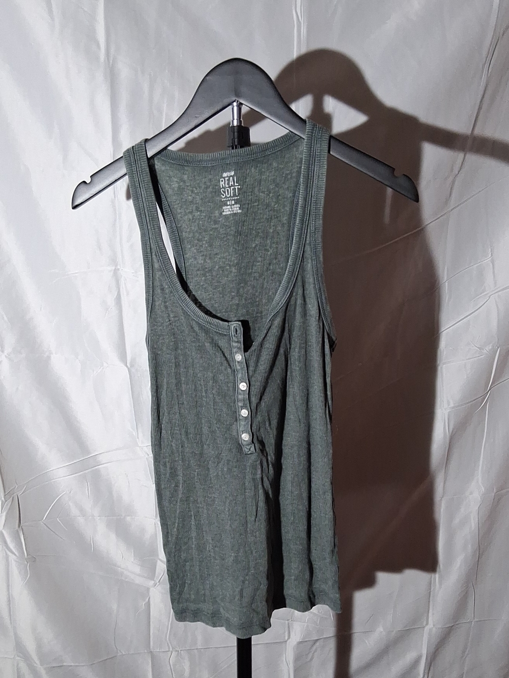 Hanes Green Ribbed Henley Tank with Button Placket